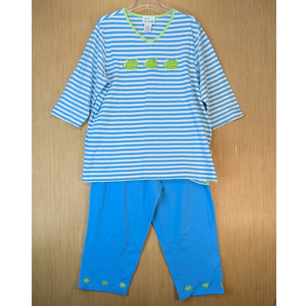 Quacker Factory Women 1X Set Coastal Beach Striped Turtle Embroidered Blue White